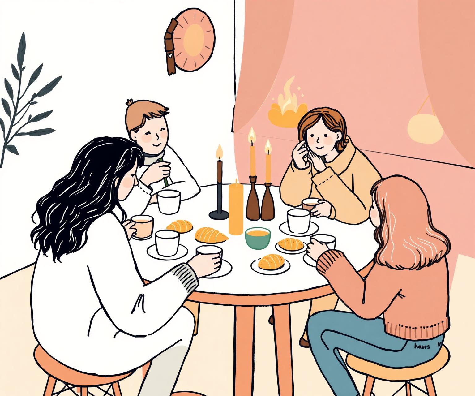 Vänner som umgås kring ett bord med kaffe och ljus